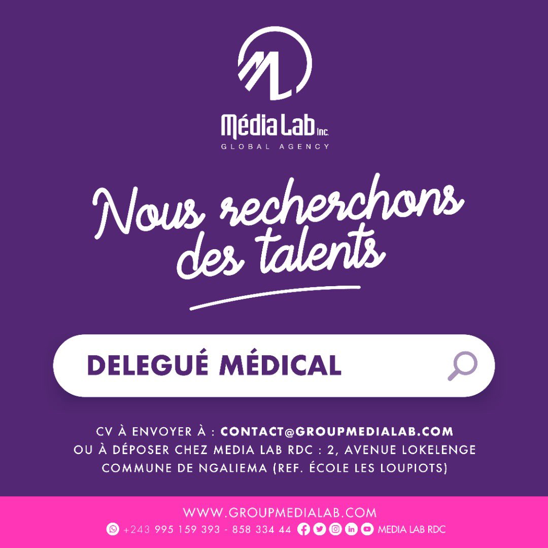 medialabRdc's tweet photo. Nous recrutons des délégués commerciaux et des délégués médicaux.

-Envoyez vos CV à :
contact@groupmedialab.com ou déposez à nos bureaux sise 2 av Lokelenge, basoko c/NGALIEMA. Réf les loupiots.
 
☎️ +243 85 833 4444 / + 243 995159393

•
•
•
#medialabrdc #communication #pub https://t.co/hfPuEEQycd