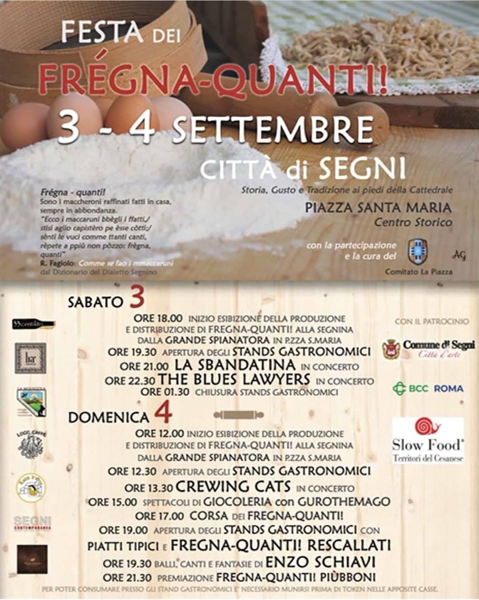 Compagnialepini's tweet photo. SABATO 3 e DOMENICA 4 Ore 19,00 #Segni, presso #PiazzaSantaMaria - #FESTADEIFREGNAQUANTI a cura dell'#AssociazioneCommercianti https://t.co/xjgRQ1Duek