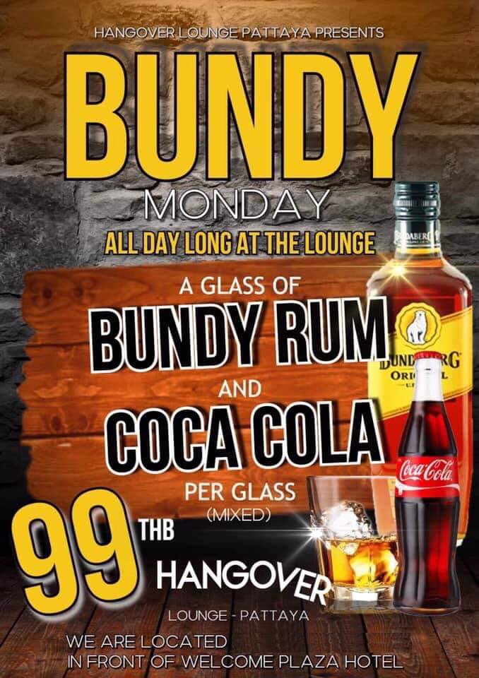 Hangover Lounge Pattaya. Bucket Beers or Bundy Rum Specials served by up to 10 ladies nightly.
