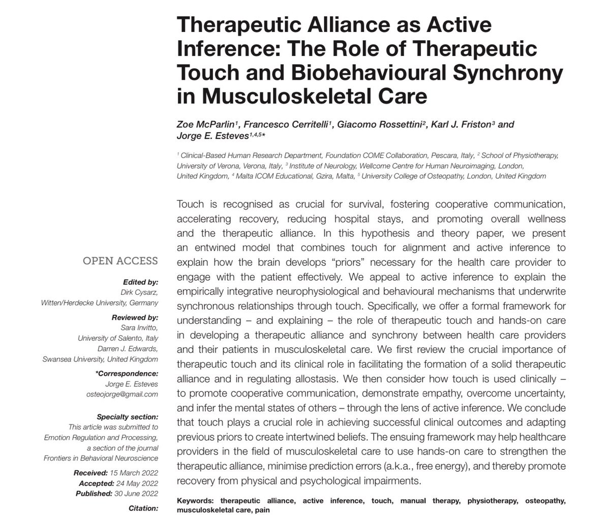 Retlouping's tweet photo. Therapeutic Alliance as Active Inference: The Role of Therapeutic Touch and Biobehavioural Synchrony
in Musculoskeletal Care

https://t.co/orDx2J6UC0 https://t.co/nXAkxO95oO