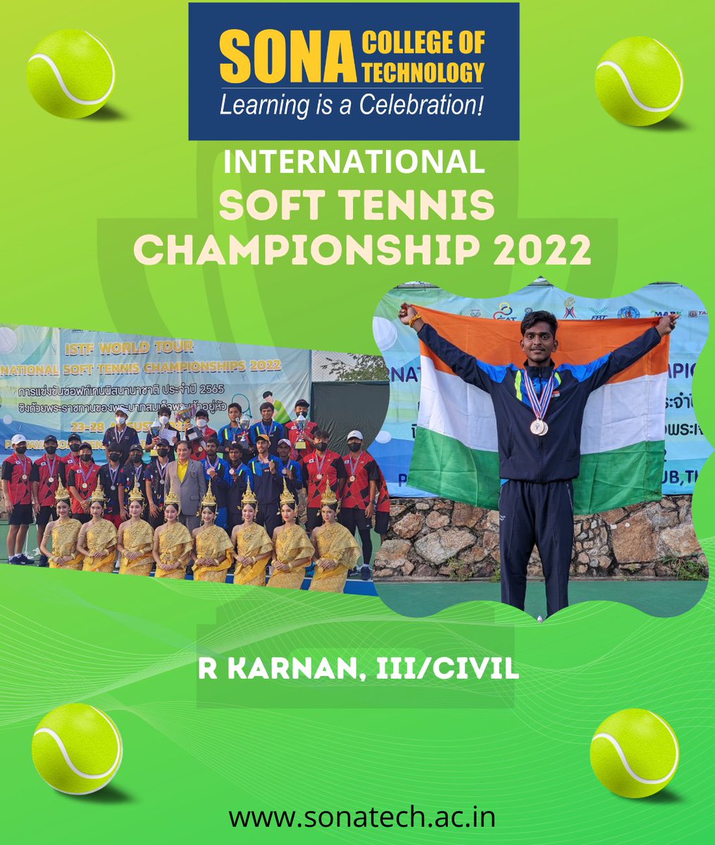 sonacollege's tweet photo. @sonacollege is proud that our student, R. Karnan, (3rd yr. Civil), is a part of the #Indianteam that has won the #BronzeMedal in d #InternationalSoftTennisChampionship2022. We wish India a happy #NationalSportsDay2022! #softtennis #internationalchampionship #SonaAt25 #sonatech https://t.co/h0HBiv9ue2