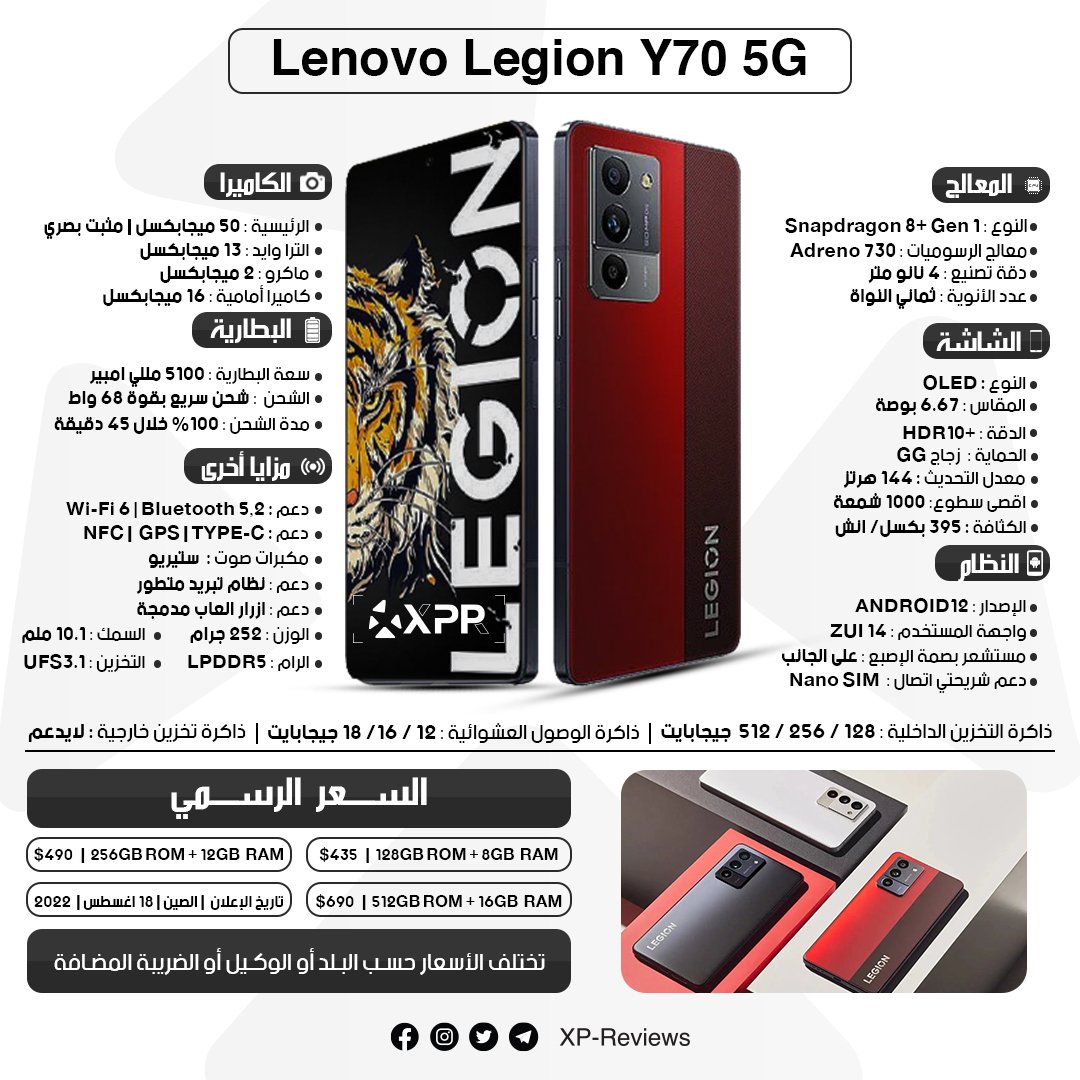xp_reviews's tweet photo. #هواتف_لينوفو

◀ أعلنت شركة لينوفو عن أحدث هواتفها Lenovo Legion Y70 في الصين، يأتي الهاتف مع أحدث معالجات كوالكوم Snapdragon 8+ Gen 1.

▪ مواصفات &amp; سعر هاتف Lenovo Legion Y70 في الصور ❤👇👇

◀ إذا أعجبك المحتوى لاتبخل علينا بريتويت ❤️❤️

#XPReviews
#LenovoLegionY70
#Lenovo https://t.co/tjb2PWRL3c