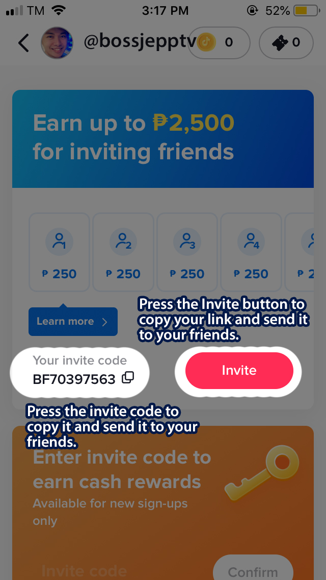 BossJeppTV's tweet photo. How to #earn P250 - P2,500 by inviting your friends on #Tiktok?

1. Download the app 👉 https://t.co/if19wdF5Hp

2. Register, use code: BF70397563

3 a. Go to Profile > tap Gift Icon (top left)

3 b. Go to For You or Discover tab, tap Invite Banner

4. Copy Link and Code https://t.co/aivZlARQu2