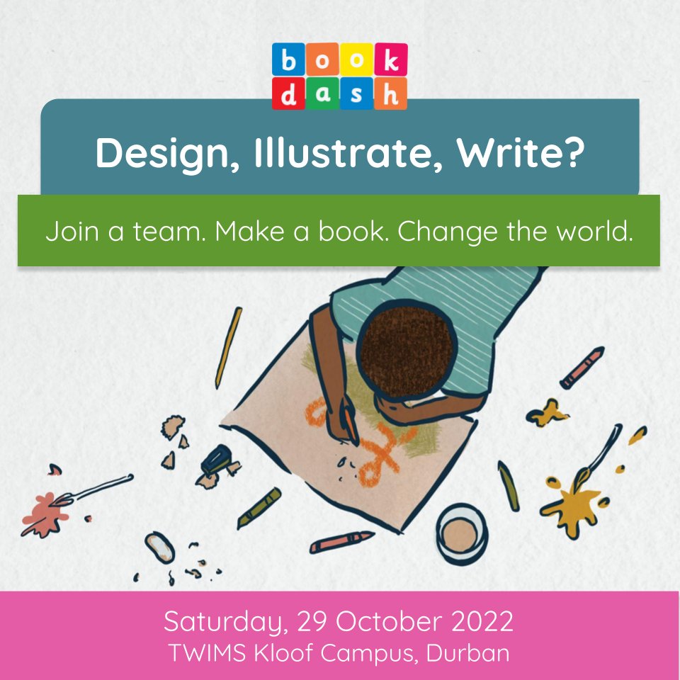 Durban creatives, are you ready? 

#BookDash is thrilled to announce our next book-making event will be hosted in Kloof in October. Applications are open!

To apply, go to  bookdash.org/events/28738. Applications close on Monday 12th September. Spread the word!

#everychild100books