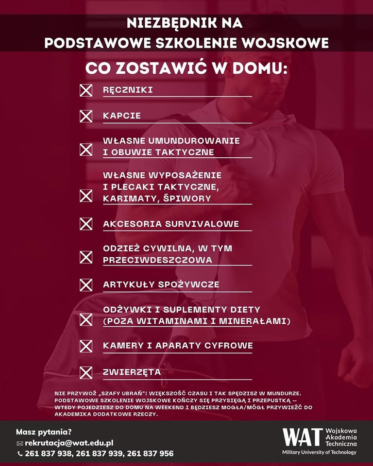 WCR_Mielec's tweet photo. #WATradzi co zabrać na szkolenie:
✅ koniecznie musisz wziąć,
🆗 warto zabrać,
❎ zostawić w domu.

Sprawdź niezbędnik na podstawowe szkolenie wojskowe 👇

#WAT #ZostańPodchorążymWAT #unitarka #niezbędnik https://t.co/z3TQh7td4m