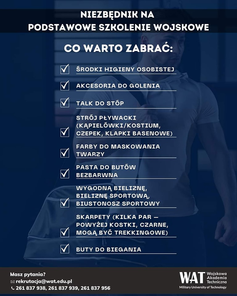 WCR_Mielec's tweet photo. #WATradzi co zabrać na szkolenie:
✅ koniecznie musisz wziąć,
🆗 warto zabrać,
❎ zostawić w domu.

Sprawdź niezbędnik na podstawowe szkolenie wojskowe 👇

#WAT #ZostańPodchorążymWAT #unitarka #niezbędnik https://t.co/z3TQh7td4m