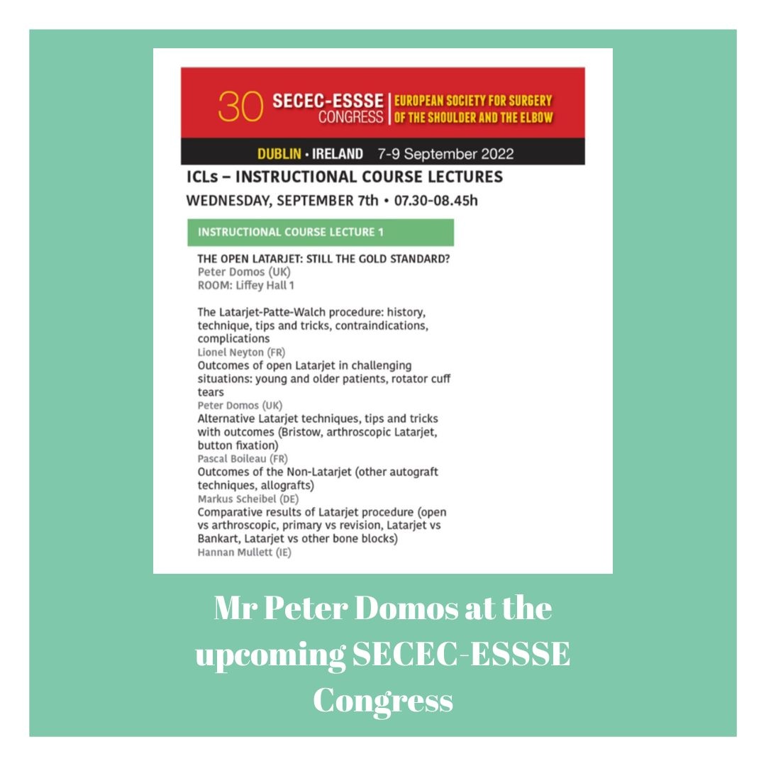 Mr Peter Domos has been invited to be part of the faculty of the upcoming SECEC-ESSSE congress from the 7-9th of September. Well done Peter 👏

#orthopaedics #shoulder