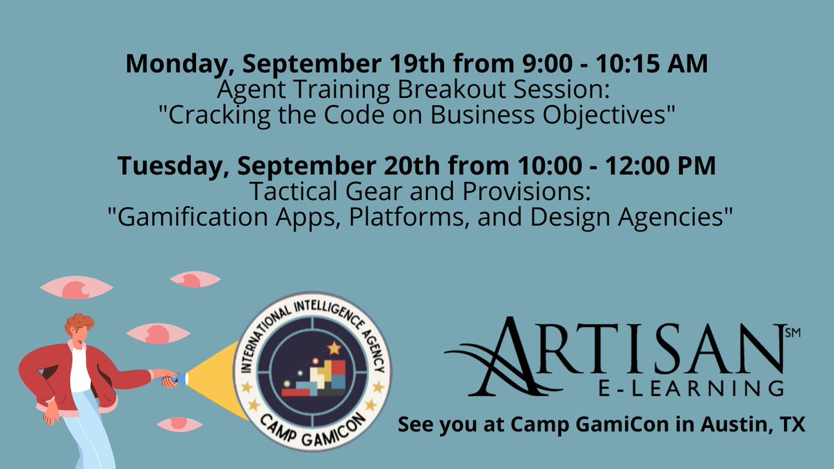 ArtisanElrng's tweet photo. Join us at #Gamicon22 ($100 off with code SGAM):

🔎Mon 9/19 from 9 -10:15AM | Agent Training Breakout Session: "Cracking the Code on Business Objectives"
🔎Tues 9/20 from 10 - 12PM | Tactical Gear &amp; Provisions: "Gamification Apps, Platforms, and Design Agencies" https://t.co/RCgfWvyGrQ