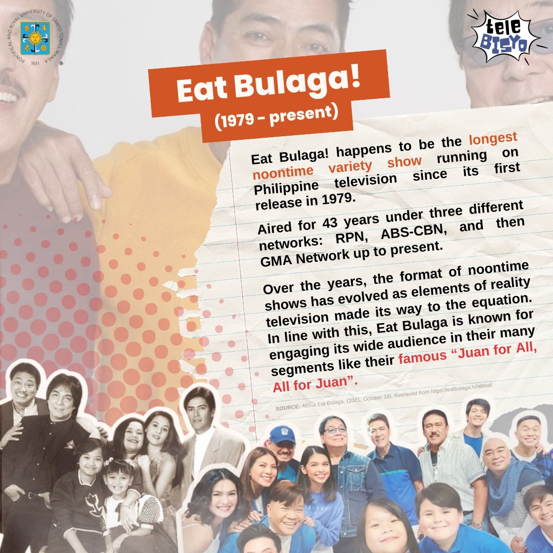 teleBISYO's tweet photo. "Mula Batanes hanggang Jolo
Saan ka man ay halina kayo
Isang libo't isang tuwa
Buong bansa, Eat...Bulaga!"

Hailed as the longest running noontime show in the country, Eat Bulaga continues to trailblaze the television scene.📺

#TeleBISYOAtYourSerBISYO 
#BroadcastHistory 
#CA3283 https://t.co/rPqh2jmt85