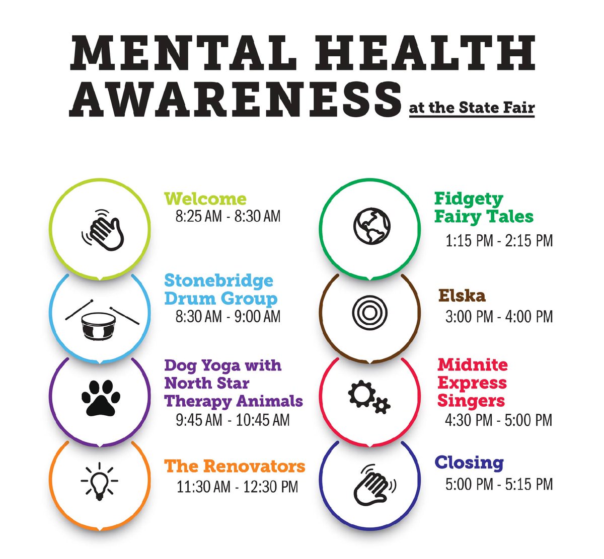 #Today is the Mental Health Day at the Minnesota State Fair will be held on August 29 from 8 AM to 6 PM at Dan Patch Park, located next to the Grandstand. Governor <a href="/GovTimWalz/">Governor Tim Walz</a> will be present to read a proclamation.
Share the stage program!
namimn.org/mental-health-…