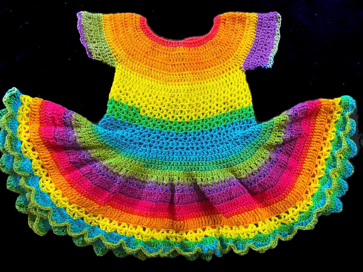CrochetPot's tweet photo. Crocheted with variegated yarn and made by freehand means that no two dress will ever be exactly the same in either colour pattern or stitch pattern making it truly unique. #thatscrochetmagic #handmade #childrenswear #crochetgiftd #rainbowdress https://t.co/QQoibYYBnc