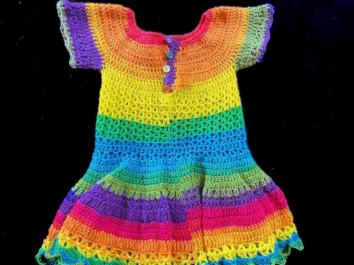 CrochetPot's tweet photo. Crocheted with variegated yarn and made by freehand means that no two dress will ever be exactly the same in either colour pattern or stitch pattern making it truly unique. #thatscrochetmagic #handmade #childrenswear #crochetgiftd #rainbowdress https://t.co/QQoibYYBnc
