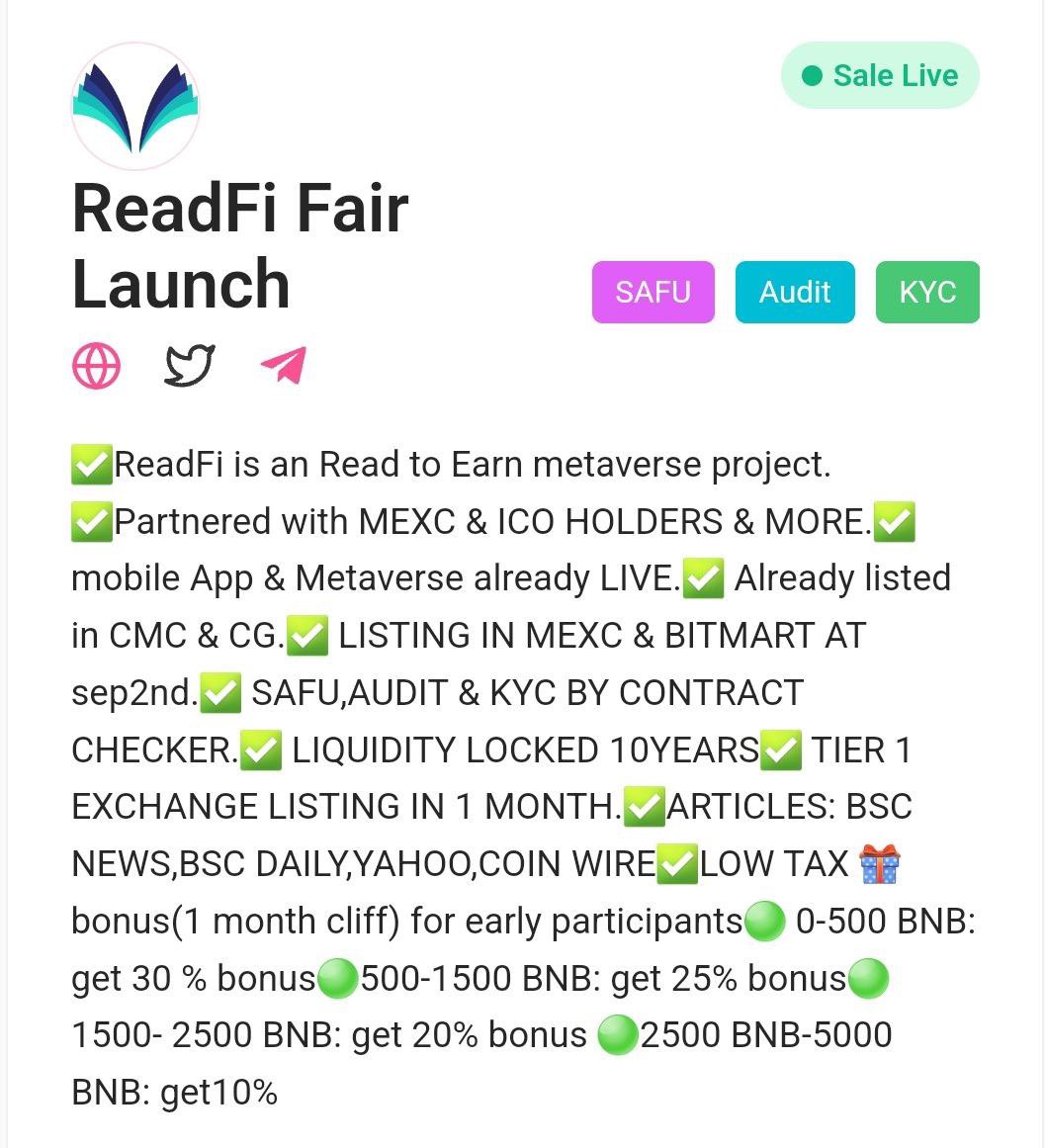 altcrypto_gemss's tweet photo. Hey Guys @ReadFiOfficial Fairlaunch is live 🤩 It is an Read to Earn metaverse project 
💎 SAFU, AUDIT &amp; KYC
✅ Partnered with MEXC &amp; ICO Holders &amp;More
✅ Mobile App &amp; Metaverse already LIVE
✅️ Already listed in CMC &amp; CG
🔜 LISTING IN MEXC &amp; BITMART 
TG: https://t.co/Ysv5jftKmd https://t.co/ANXLXzL543