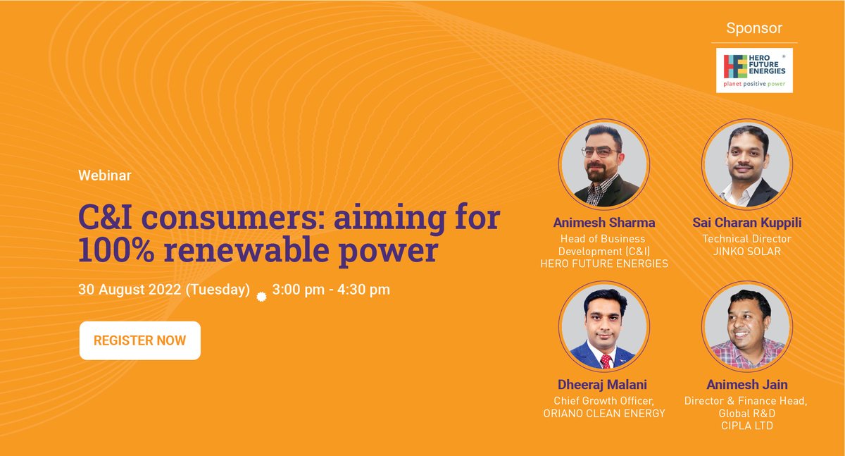 BRIDGE TO INDIA ENERGY PRIVATE LIMITED is organising a webinar to discuss potential opportunities and challenges for C&amp;I consumers trying to shift to 100% renewable power. 

Please register to join: attendee.gotowebinar.com/register/79039…