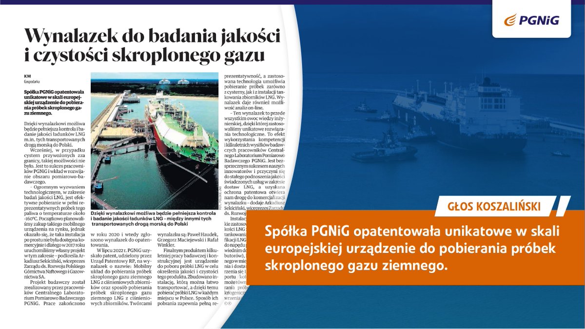 ORLENUP's tweet photo. #PGNiG opatentowało unikatowe w skali europejskiej urządzenie do pobierania próbek skroplonego gazu ziemnego. Dzięki wynalazkowi możliwa będzie pełniejsza kontrola i badanie jakości ładunków #LNG m. in. tych transportowanych drogą morską do 🇵🇱 - informuje @gk24_pl. 
@PrasowePGNiG https://t.co/XxmiPVCFyv