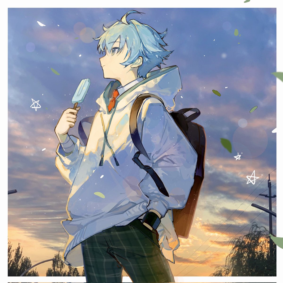 chongyun (genshin impact) 1boy plaid pants male focus food hood hoodie blue hair  illustration images