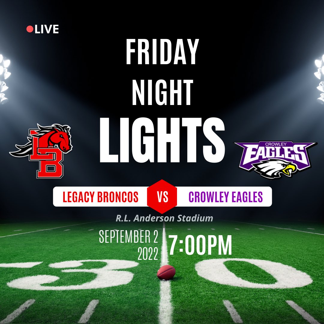 🚨GAME WEEK No. 2🚨
  
🗓: Friday 9/2/2022
🆚: <a href="/CTownEaglesFB/">CrowleyFootball</a> 
🏟: R.L. Anderson
⌚: 7:00 PM
📺 (Livestream): TBD 
🎟: events.ticketspicket.com/agency/ca96df2…