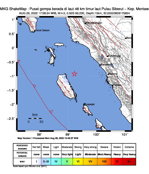 infoBMKG's tweet photo. #Gempa Mag:4.0, 29-Agu-22 17:58:24 WIB, Lok:0.92 LS, 99.23 BT (Pusat gempa berada di laut 48 km timur laut Pulau Siberut - Kep. Mentawai), Kedlmn:10 Km Dirasakan (MMI) III Siberut Utara #BMKG https://t.co/mJ1zJuDS2E