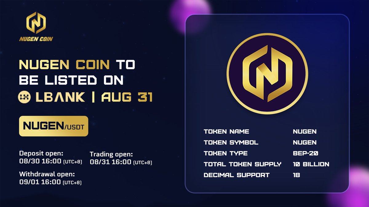 nugen_coin's tweet photo. The much awaited #NugenLaunch is here 🚀

🌠 $NUGEN (NUGEN COIN) to be listed on @LBank_Exchange !

Trading Pair: NUGEN/USDT
Trading Area: Innovation Zone

⬇️ Trading Open ⬇️

🗓️ August 31, 2022
🕒 16:00 (UTC+8:00)

Visit ➡️ https://t.co/WAMNbZBiAY

#Nugencoin #Nugenuniverse https://t.co/4N1q5dKQik