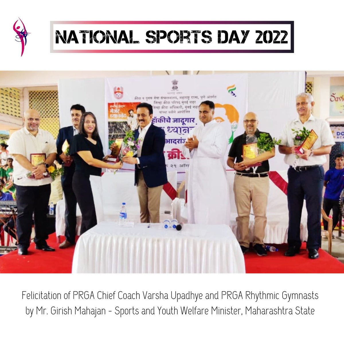 PremierRhythmic's tweet photo. PRGA Chief Coach, Int. Judge Varsha Upadhye and PRGA International Rhythmic Gymnasts were felicitated by Mr. Girish Mahajan - Minister of Sports and Youth Welfare, Maharashtra State, on the occasion of #NationalSportsDay 2022 celebration at Don Bosco School Mumbai https://t.co/JSetYbvvY7