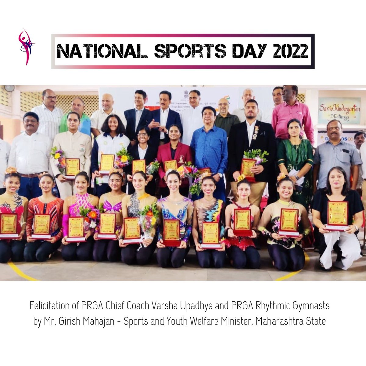 PremierRhythmic's tweet photo. PRGA Chief Coach, Int. Judge Varsha Upadhye and PRGA International Rhythmic Gymnasts were felicitated by Mr. Girish Mahajan - Minister of Sports and Youth Welfare, Maharashtra State, on the occasion of #NationalSportsDay 2022 celebration at Don Bosco School Mumbai https://t.co/JSetYbvvY7