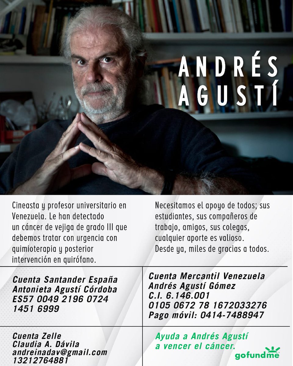 Nuestro #ProfEMA y reconocido cineasta, Andrés Agustí, necesita de nuestra solidaridad. 

Cualquier #RT o aporte es valioso: gofund.me/f71ce44d 
#Comparte #Difunde #Apoyo #Crowdfunding #CineVenezolano #Venezuela