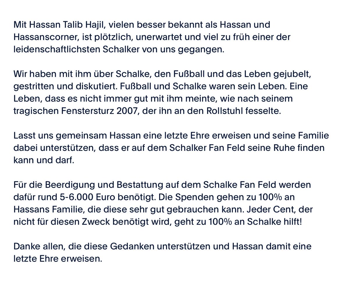 RaphaelBrinkert's tweet image. @hassanscorner ist viel zu früh von uns gegangen. Gemeinsam können wir ihm helfen, dass er seine letzte Ruhe auf dem #SchalkerFanFeld finden kann. Dazu gibt es in Rücksprache mit seiner Familie ein Spendenkonto: paypal.com/pools/c/8MN8mb…. Danke für Euren Support. @manameisnadia91