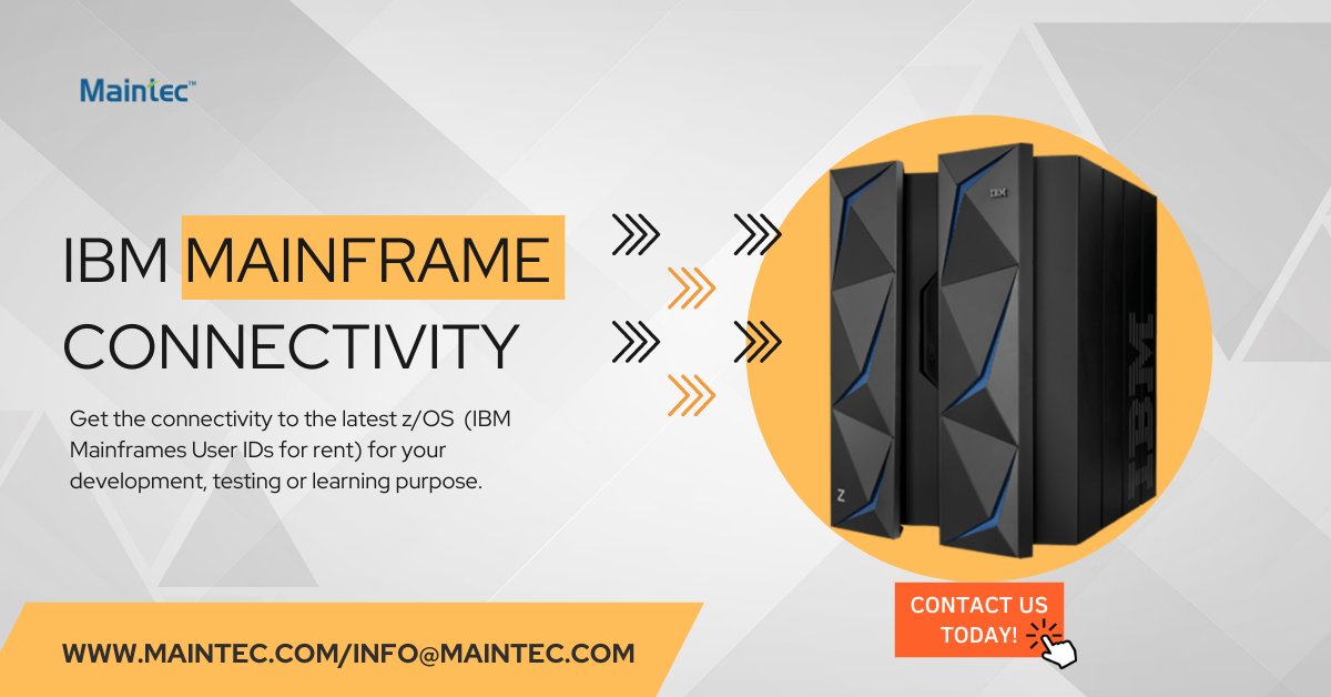 MaintecTech's tweet image. Maintec provides you an affordable and easily accessible IBM Mainframe connectivity (IBM Mainframes User IDs for rent) for your development, testing, or learning purposes. We provide connectivity to the latest z/OS. maintec.com/mainframe-acce… #mainframe #ibmmainframeconnectivity