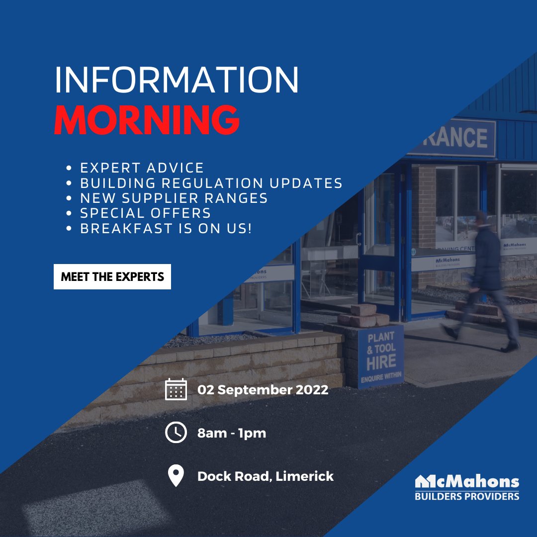 McMahonsBP's tweet photo. [ MARK YOUR CALENDAR ]
Meet the experts in #insulation, #buildingmaterials, #plumbing &amp; #heating, #interior &amp; #exterior, #tools, #fixings &amp; #workwear. There will be special offers on the day and the breakfast is on us! 
📅 2nd of September
🕐 8am - 1pm
📍 Dock Road, #Limerick https://t.co/Z0lHucjfyI
