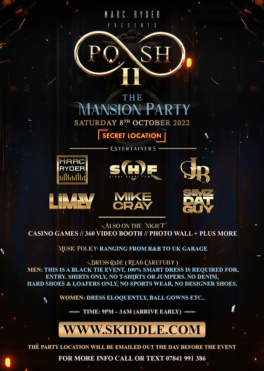 MidlandsPromo1's tweet image. TICKETS - buff.ly/3dqIYum
POSH II – The Secret Mansion Party
Sat 8th October 9pm-3am @ Secret Location (Bham).
Djs/Casino Games360/Video Booth/Photo Wall + Plus More!
R&amp;amp;B/Garage/Reggae
100% Smart Dress. Location Emailed The Day Before The Event.
Info 07841 991 386