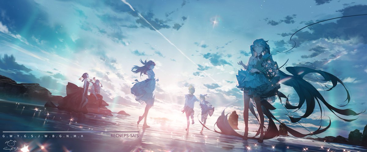 hatsune miku ,kagamine rin sky long hair multiple girls cloud twintails dress very long hair  illustration images