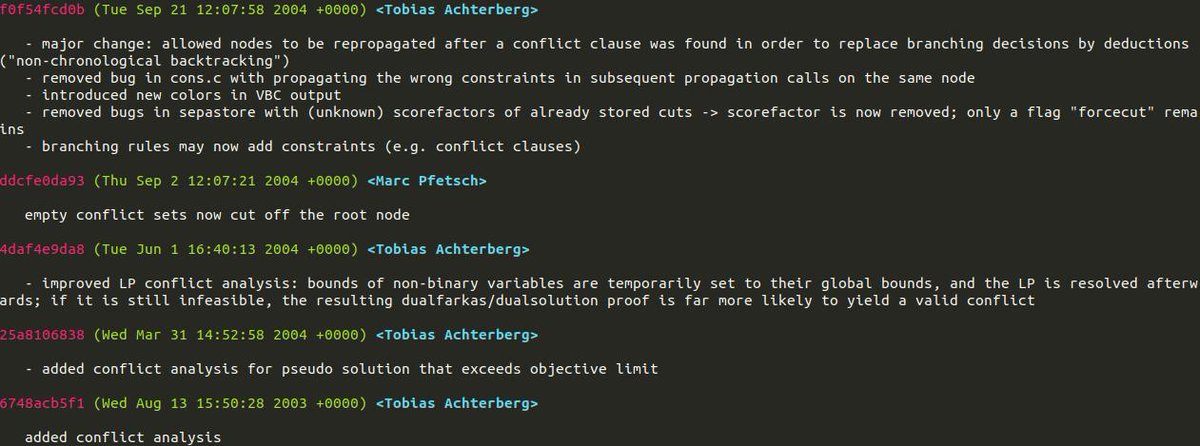 ambrosgleixner's tweet photo. @timoberthold @AchterbergT @FICO_Xpress But of course the big motivation for creating SCIP and its new Constraint Integer Programming paradigm was @AchterbergT's integration of SAT and CP techniques: a few early commits here eventually leading to https://t.co/HHa3M2trBT #scipopt #orms https://t.co/gvgLEKzELd