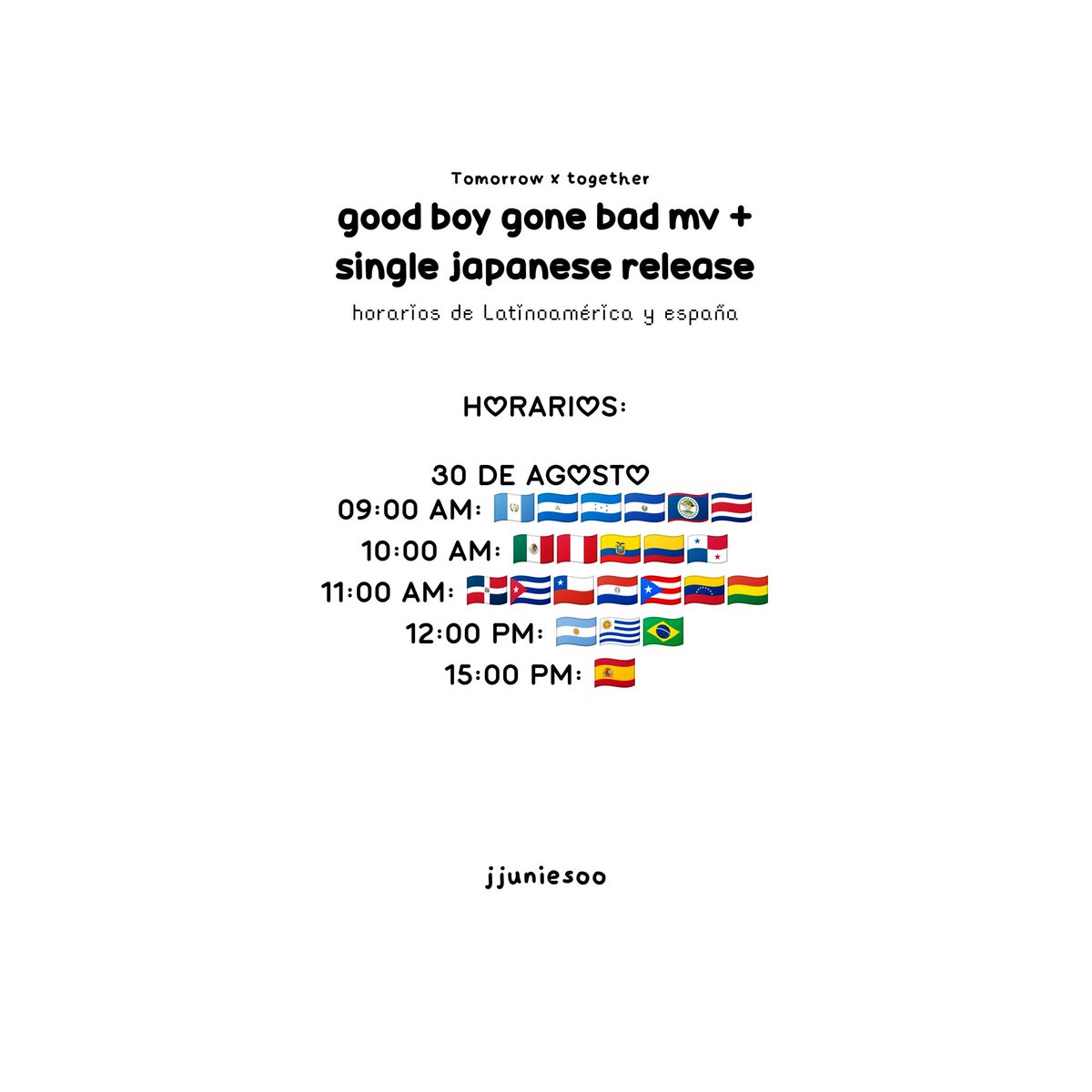 jjuniesoo's tweet photo. ៹  txt horarios 30/08  ⋆.

— good boy gone bad jpn mv 

se estrenará el mv y single
de  tomorrow  x   together.

horarios:
- https://t.co/4aRRFBpVwF

link:
- https://t.co/aDXziiLEcp
- https://t.co/YAW9UcezGW

   @txt_members @txt_bighit https://t.co/Fv6ayLggkx