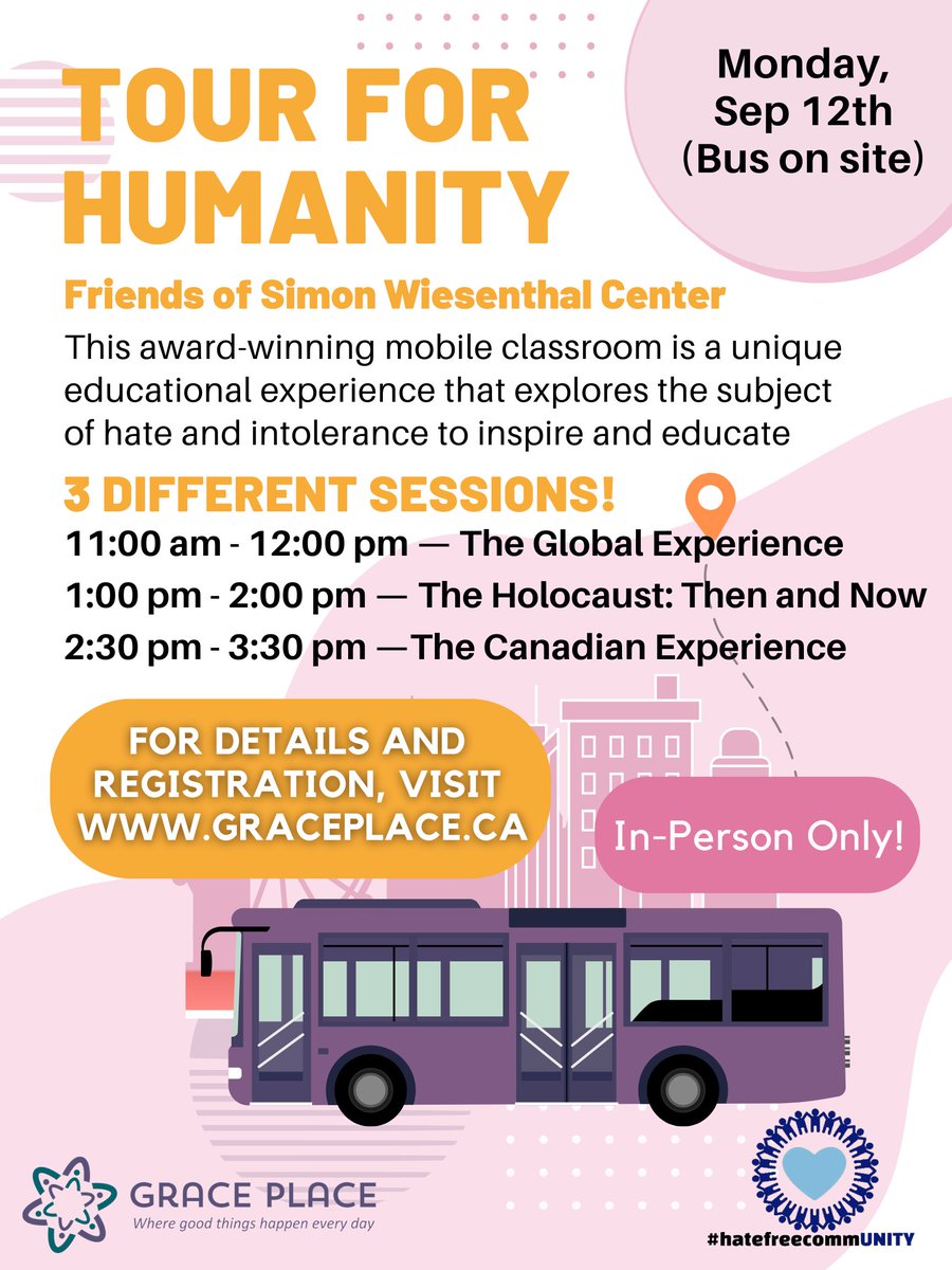 GracePlaceGPCRC's tweet photo. UPCOMING FREE EVENT in our Safer Communities Project learning series.

Join us for the Tour for Humanity—an innovative, award-winning workshop experience by Friends of Simon Wiesenthal Center—on Monday, September 12, 2022

For registration, visit: https://t.co/MOZcb2lYyr https://t.co/Y3qcUIwDzs