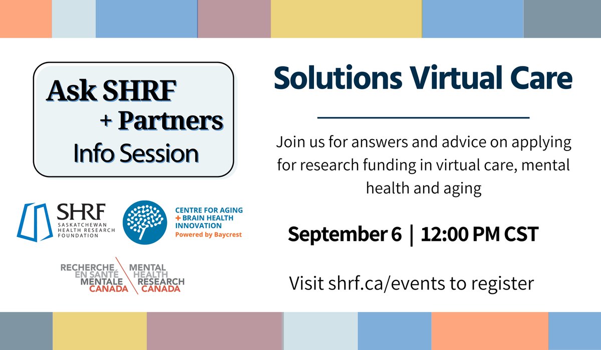 _SHRF_'s tweet photo. Interested in Virtual Care and research funding?

Join @_SHRF_ @MHRCanada and @CABHI__ to learn about how your research can fit in this funding opportunity and have your questions answered about the SHRF Solutions program

📅September 6, noon 
Register at https://t.co/FnWOOenRoV https://t.co/onrgJgQYHQ
