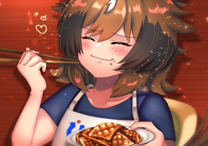 #実装するまで1日1ウインディちゃんなのだ<195日目/2022-8-30>「ん〜!おいしいのだ!!!   ごはん進んじゃうのだ!!」(#ウマ娘プリティーダービー:#シンコウウインディ) 昨日は焼肉の日なので焼肉デートへ!いっぱい食べる君が好き。たんとお食べ。 