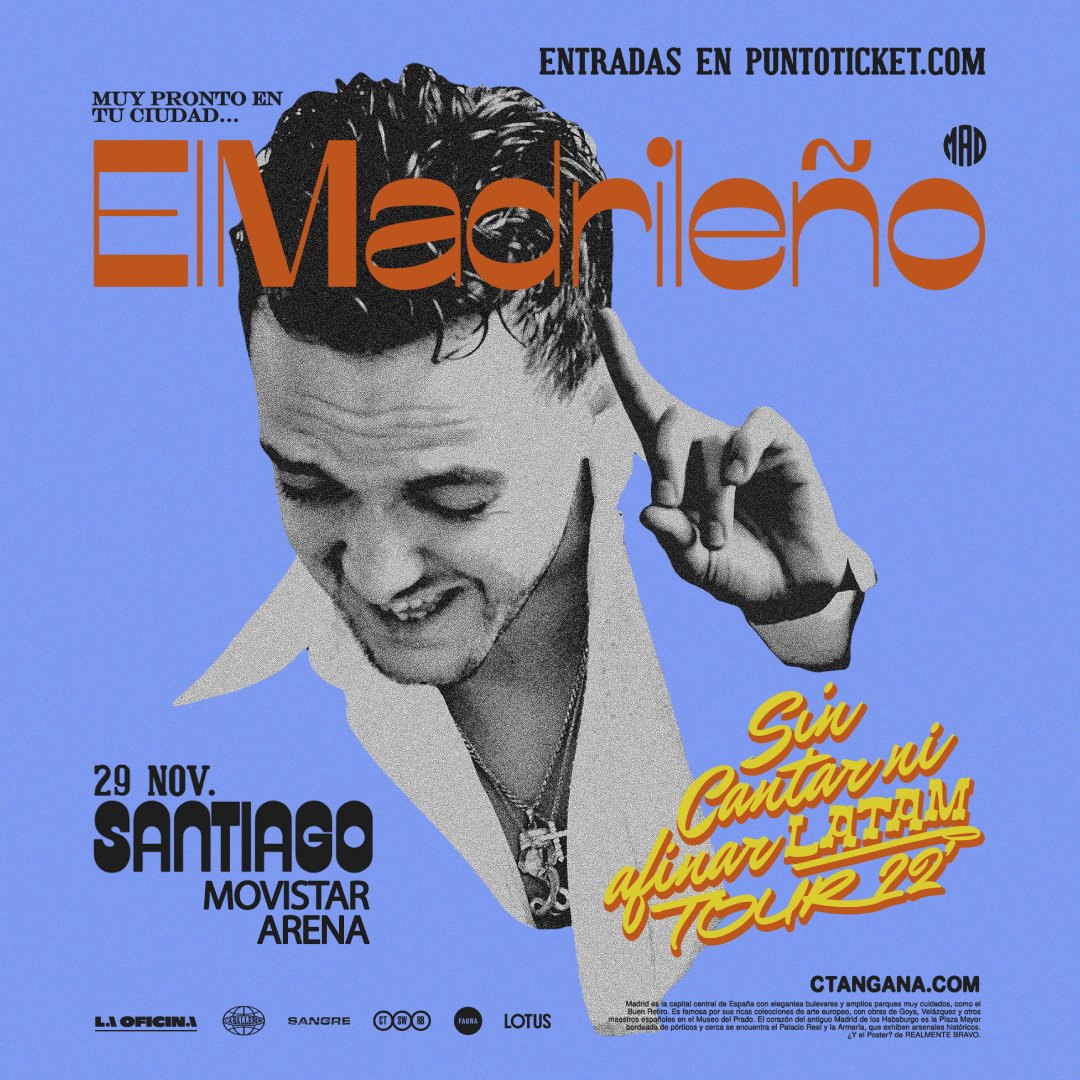 lotusmusica's tweet photo. No es un sueño… ¡C. Tangana vuelve a Chile! 😱

Luego de su exitosa visita en marzo de este año, el madrileño @c_tangana regresa a nuestro país para darnos un concierto de infarto.

¿Cuándo y dónde? 
📍29 de noviembre -  Movistar Arena
🎟 Entradas por sistema @puntoticket https://t.co/3FDoIBfVZC