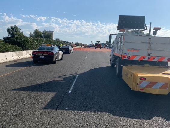 KTVN's tweet photo. Here's something you don't see everyday - 
CHP says both directions of I-80 are currently closed near Davis Street in Vacaville after a semi-truck hauling tomatoes hit the center median. 
Crews have been called in to clean up the mess. https://t.co/YwKFYdOdKN