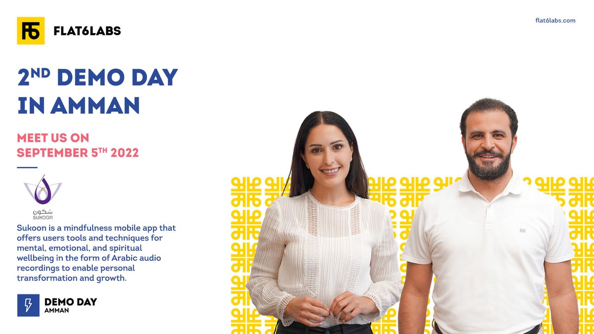 Flat6Labs's tweet photo. Meet Sukoon Awakening from our Second Demo Day in #Amman! 🇯🇴 ⚡️
Empowering #Arabic speakers with an inside-out personal #transformation tool.
To learn more about our #startups: https://t.co/hTbBk5WM7D
#F6LDemoDay #Jordan #Tech #AcceleratingTheFuture https://t.co/s3Wu98Xhts