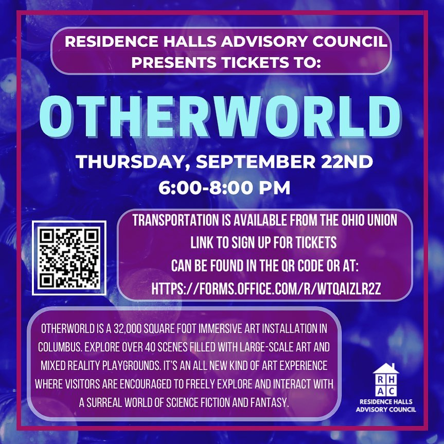 rhac's tweet photo. Join RHAC for a trip to Otherworld! Transportation is included from the Ohio Union, and we will be departing at 5:15 P.M. on Thursday, September 22nd. Signups can be found in our bio or here: https://t.co/FIO4H6dLF6 https://t.co/DDKEfmhH9j