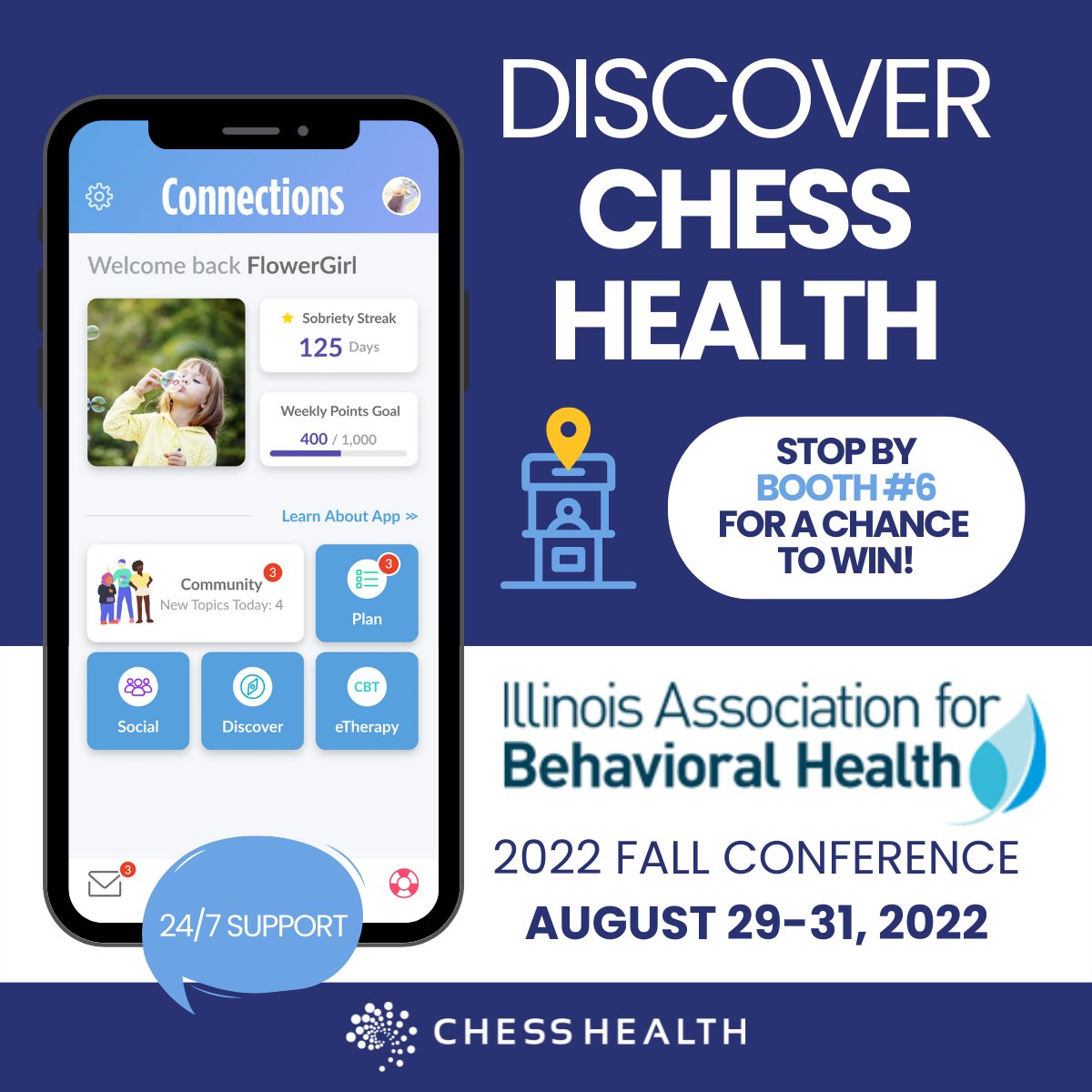 CHESSmh's tweet image. We're kicking off our week at the @IABH_1967 Fall Conference! Stop by booth #6 and discover #CHESSHealth 💙 #RecoveryApp #PeerSupport #24x7