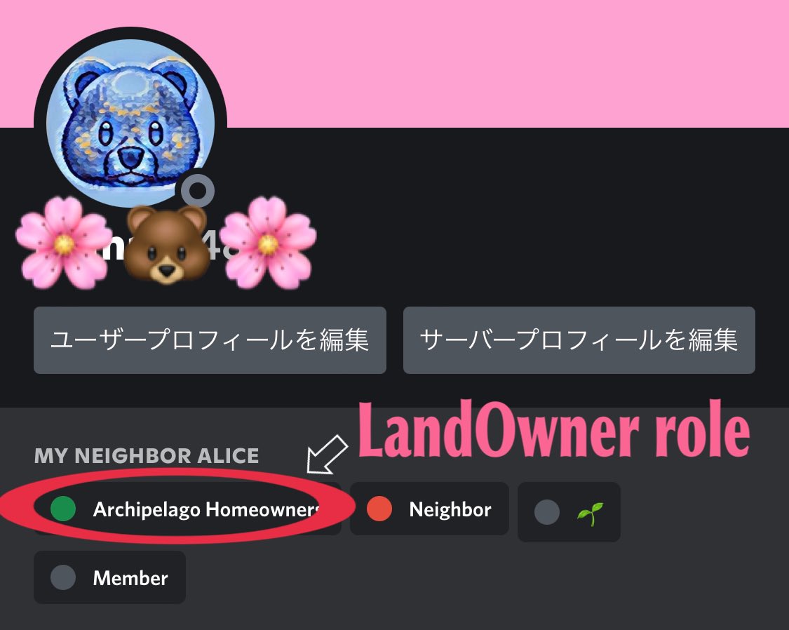 poikatsu_kuma's tweet photo. #MyNeighborAlice @MyNeighborAlice 
Land Owner のロールが付与できるよ🌸

そして地主専用のチャット部屋ができたよ！ https://t.co/KZHqo3b4Xu