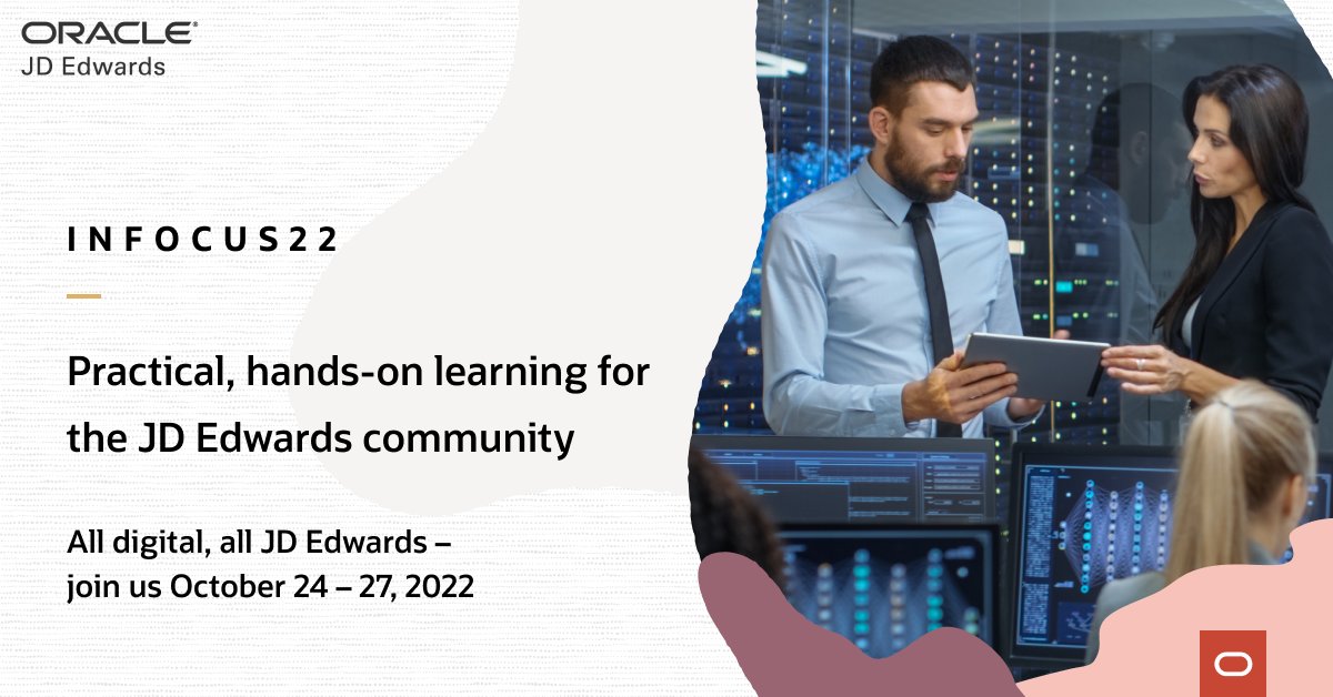 Houty11's tweet photo. Join @OracleJDEdwards online for #INFOCUS22 from October 24 - 27! Get ready to deep dive into #Release23, #OneClickProvisioning, #Orchestrator, #UXOne, and Personalizations. Register now with @QuestUserGroup: https://t.co/Et1i0logOF https://t.co/I9kUIc5pYK
