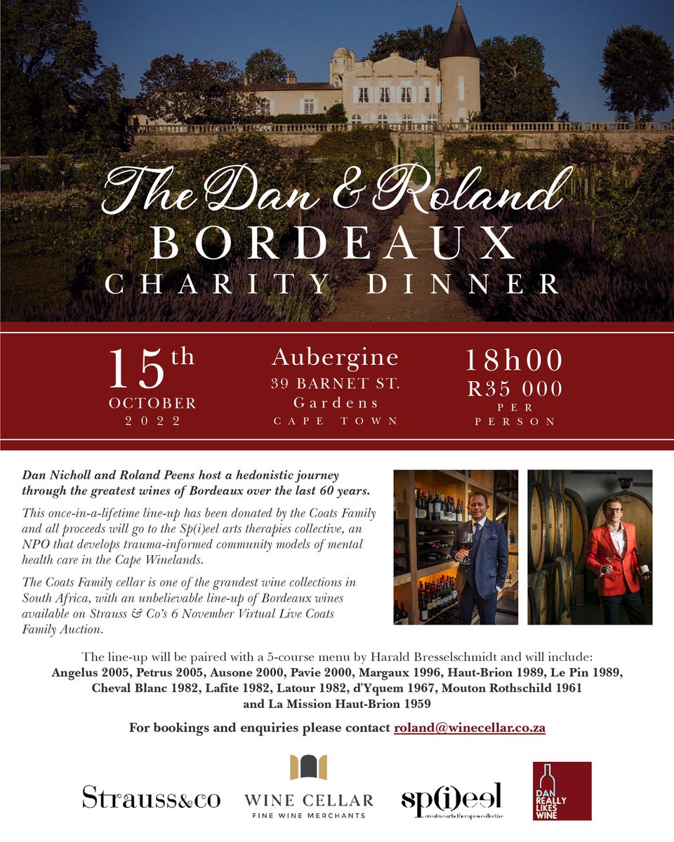 Could this be the greatest selection of Bordeaux ever served at a single dinner in South Africa? And all for an excellent cause. Just 30 places available for the ultimate Bordeaux tasting on October 15 at Aubergine… #DRLW