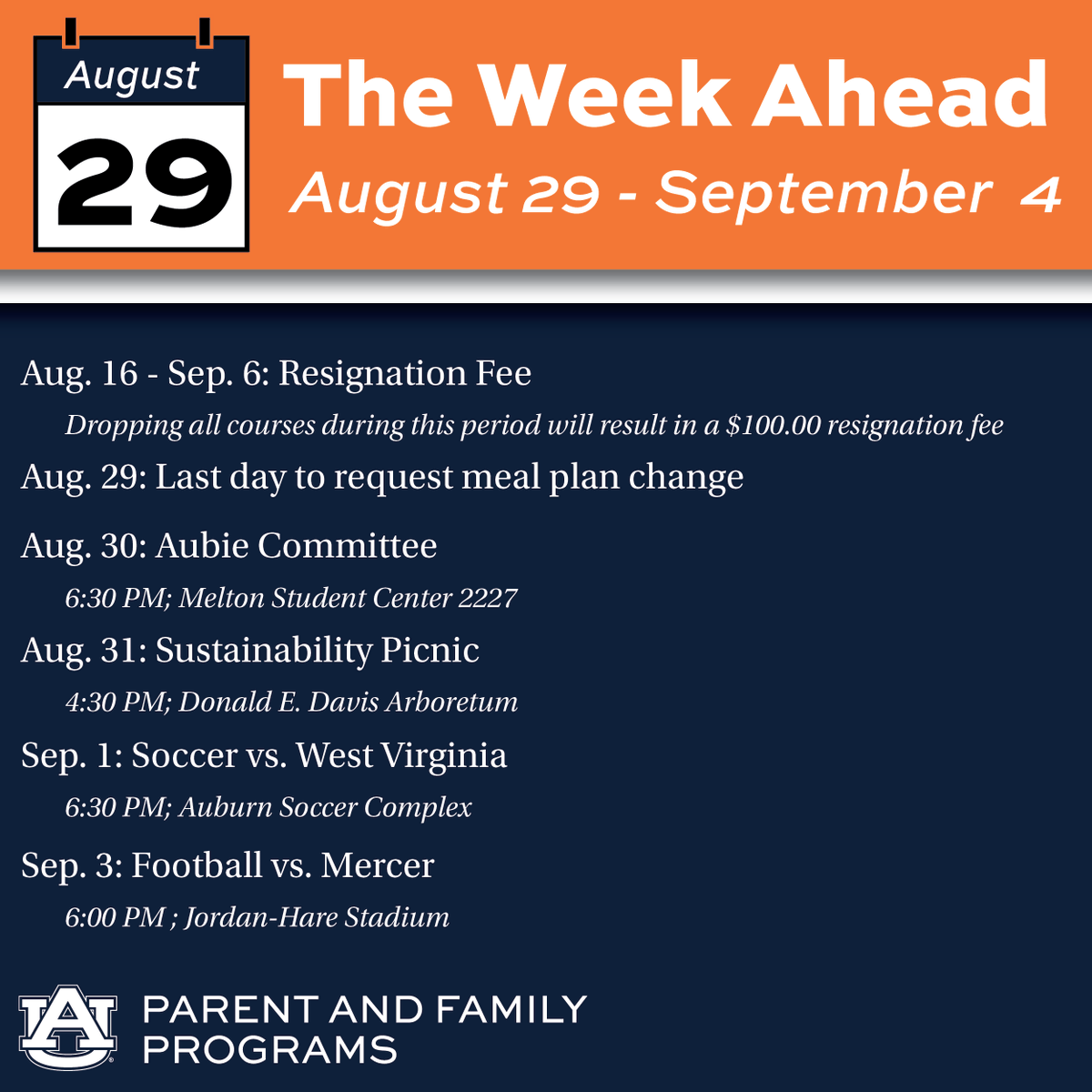 AuburnParents's tweet photo. The Week Ahead: Aug. 29 - Sep. 4 https://t.co/h6WQTyt3ac