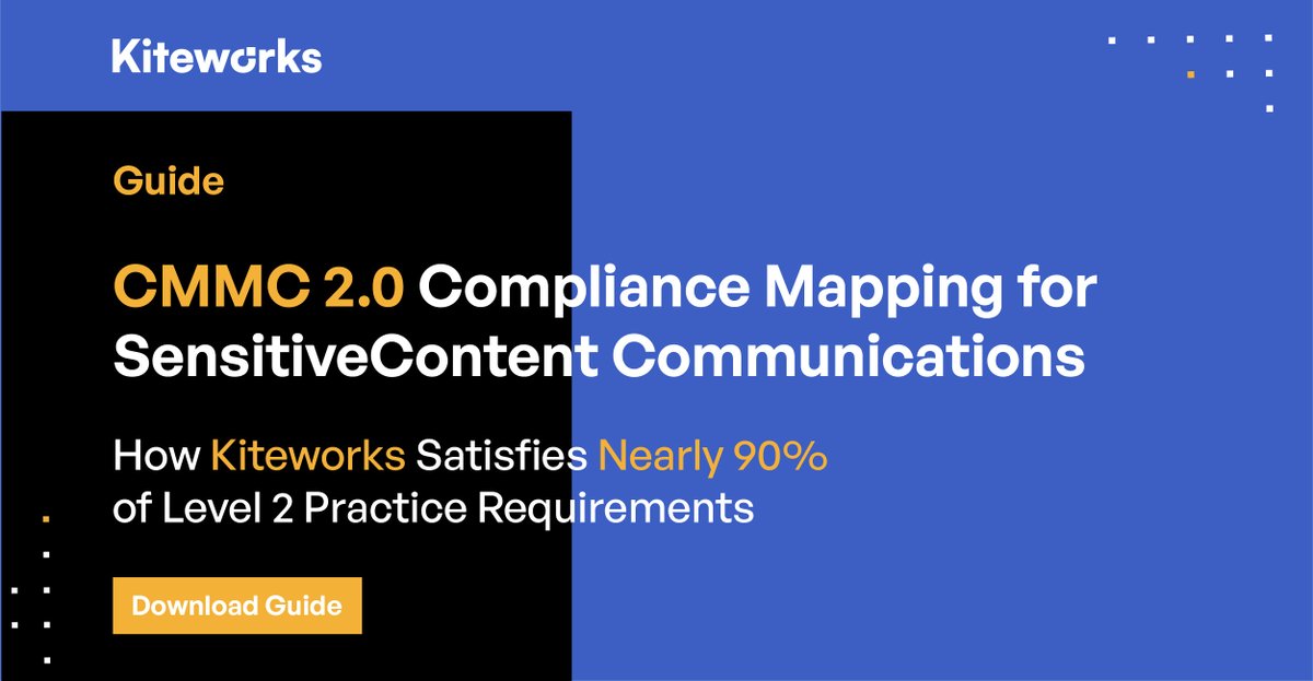 Kiteworks's tweet image. There are over 110 #CMMC 2.0 practices, and the Kiteworks-enabled #PrivateContentNetwork satisfies nearly 90% of Level 2 practice requirements. Get the details by downloading our detailed CMMC 2.0 Mapping Guide.
hubs.ly/Q01kTnNJ0