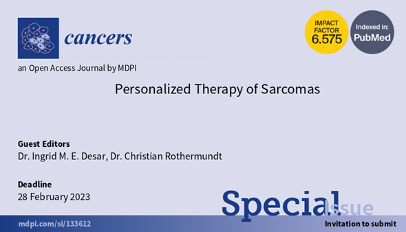 📢Today we share the🆕Special Issue "Personalized Therapy of Sarcomas" edited by <a href="/OncoDoc_Ingrid/">Ingrid Desar</a> and Dr. Christian Rothermundt which is open for submissions!👏<a href="/radboudumc/">Radboudumc</a>

🗓Deadline for manuscript submissions: 28 February 2023.

Find more details here👉mdpi.com/journal/cancer…