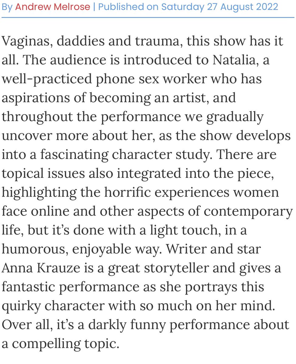 krauze_anna's tweet photo. Thank you to Andrew Melrose for our latest review @ThreeWeeks ๐ฅ #DaddyIssuesPlay we are dinished on a high at #EdFringe22!!!!!!!! @PassStrangerTC https://t.co/1PxEDcksMe