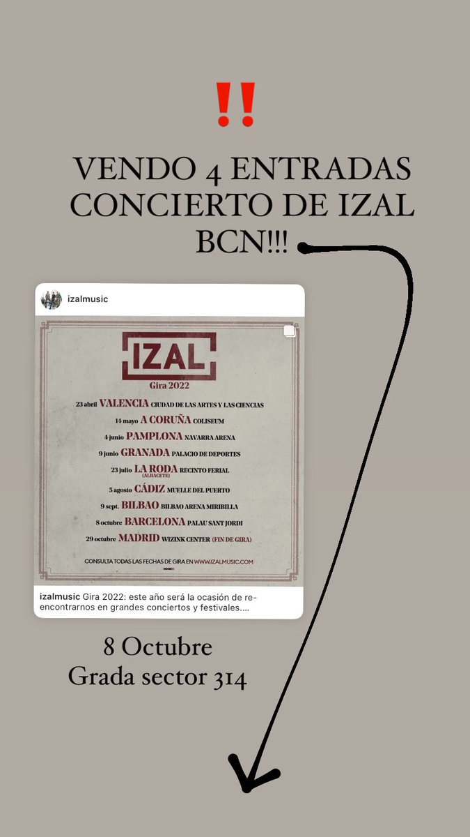 VENDO 4 ENTRADAS CONCIERTO IZAL BCN!!! Difusión 🙏🏻🙏🏻🙏🏻🙏🏻 #izalmusic #conciertoizalbcn #girahogar #izal