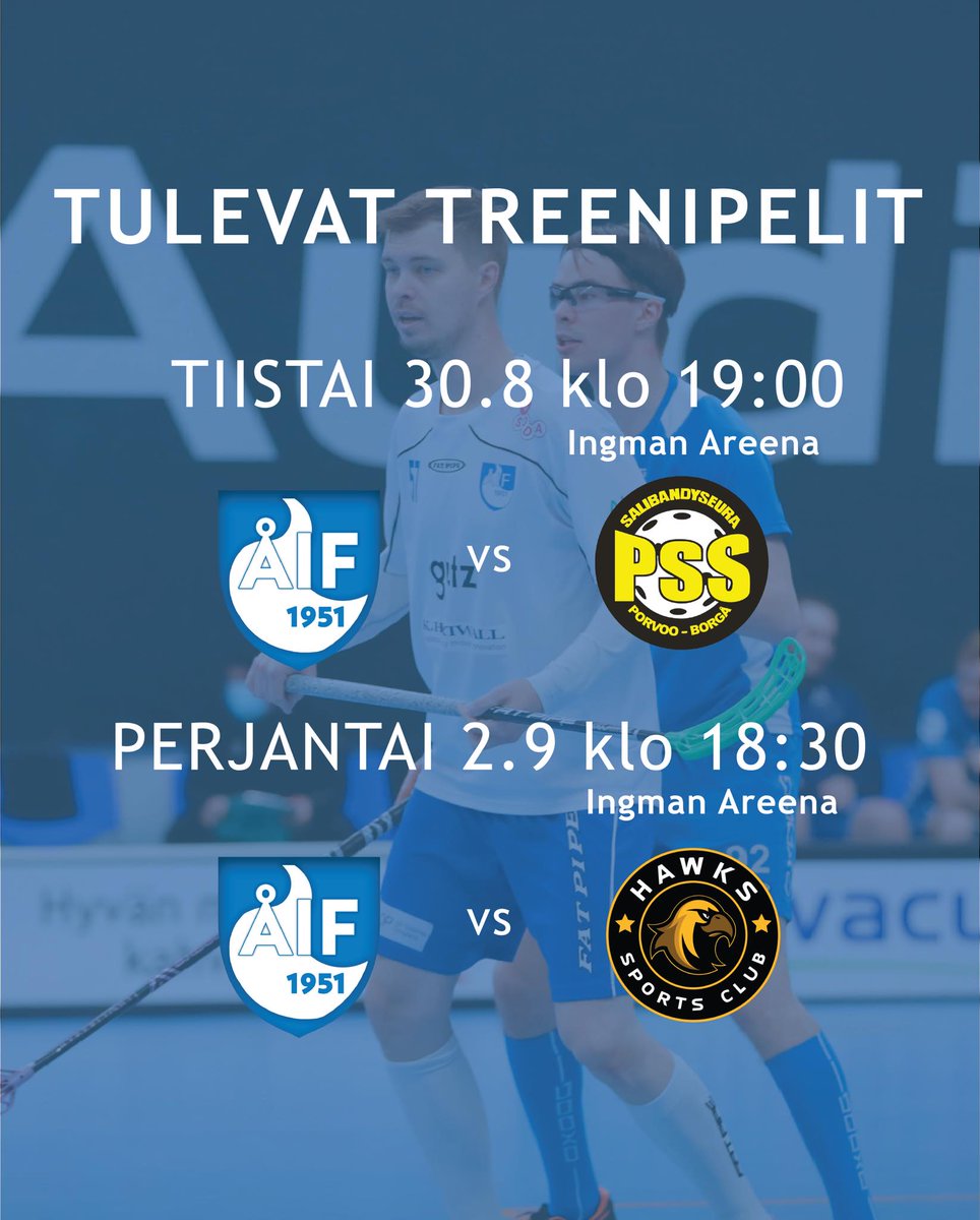 ÅIF miesten treenipelejä Ingman Areenalla:
Tiistaina 30.8 klo 19:00 ÅIF vs PSS
Perjantaina 2.9 klo 18:30 ÅIF vs Hawks

Tervetuloa nauttimaan myös kahvilan antimista. Kahvila aukeaa noin tunti ennen peliä.

Ilmainen sisäänpääsy! 💙

#viäråif #salibandy #divari